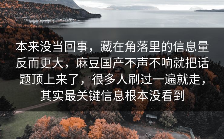 本来没当回事，藏在角落里的信息量反而更大，麻豆国产不声不响就把话题顶上来了，很多人刷过一遍就走，其实最关键信息根本没看到